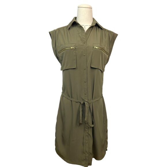 Express Green Sleeveless Button Front Zip Pockets Collared Shirt Dress Size XS - Picture 1 of 8
